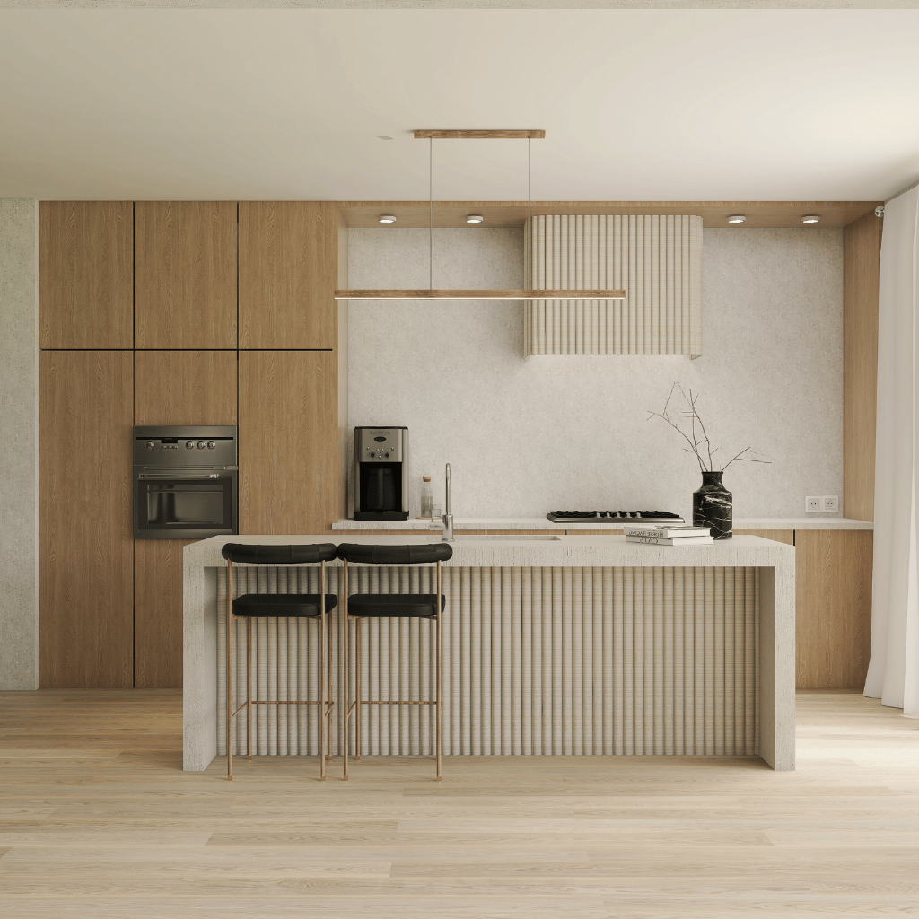 wizualizacja projektu kuchni z lamelami oraz jasnym, ciepłym drewnem. Na środku jest wyspa kuchenna i dwa czarne krzesła.